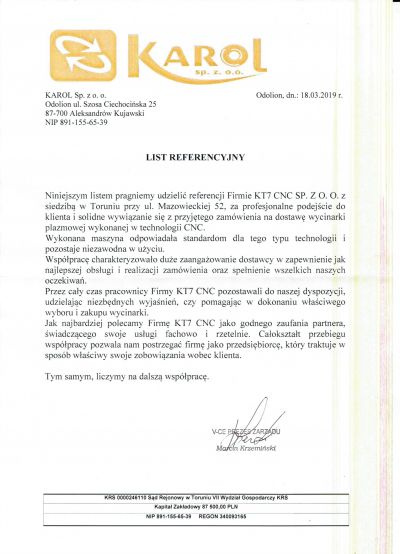 KT7 CNC - list referencyjny Karol